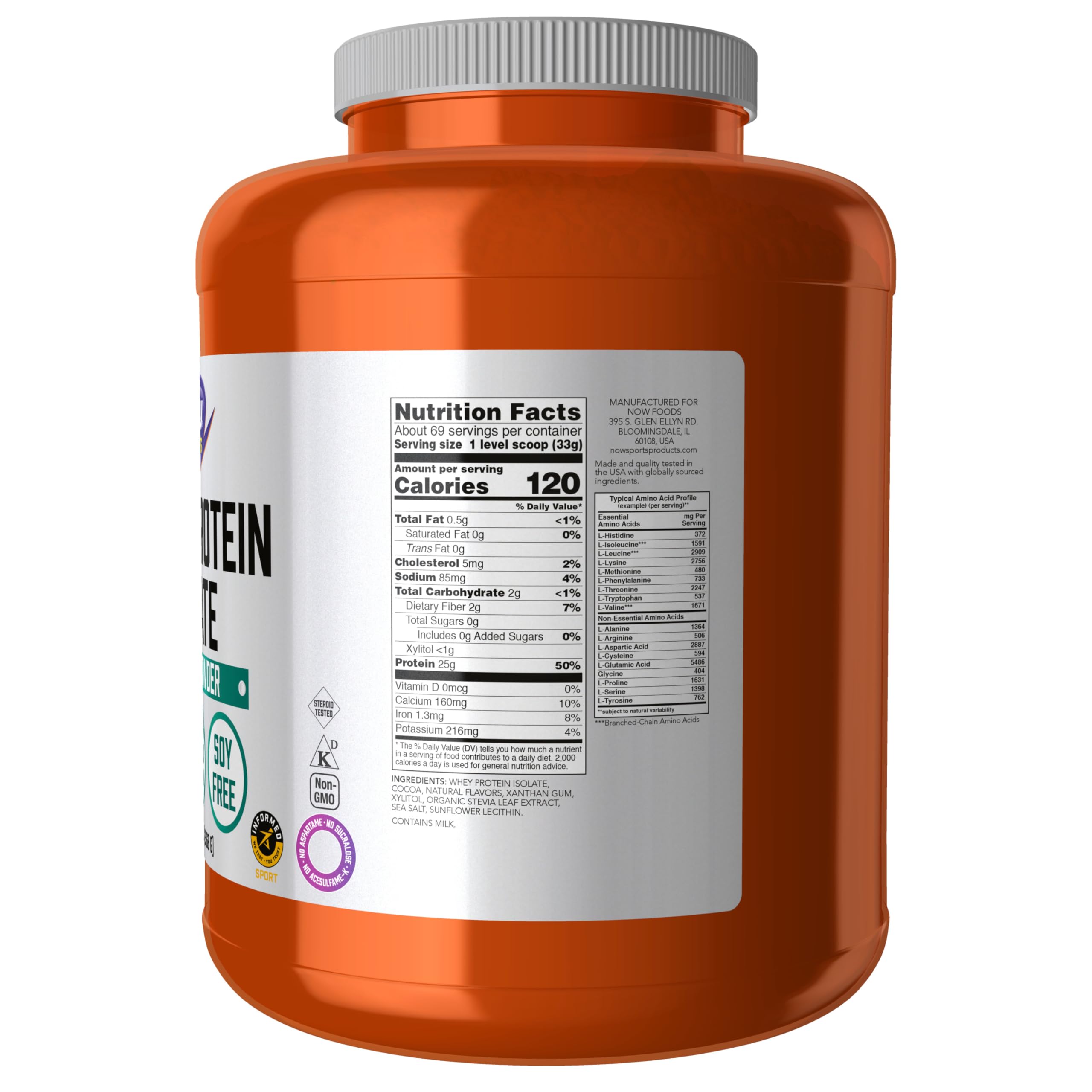 NOW Foods Whey Protein Isolate Dutch Chocolate scoop demonstrates convenient dosing