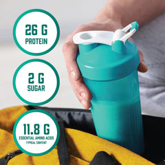 NOW Foods Whey Protein mixing glass shows quick, smooth texture.