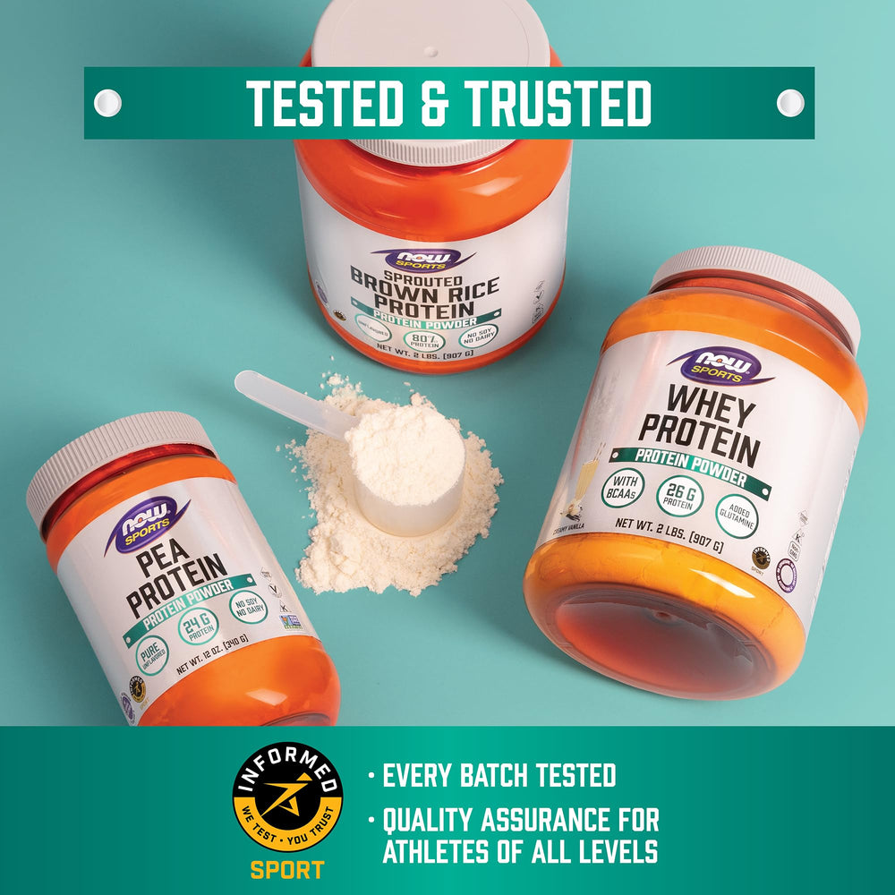 NOW Foods Whey Protein packaging communicates GMP quality and formula.