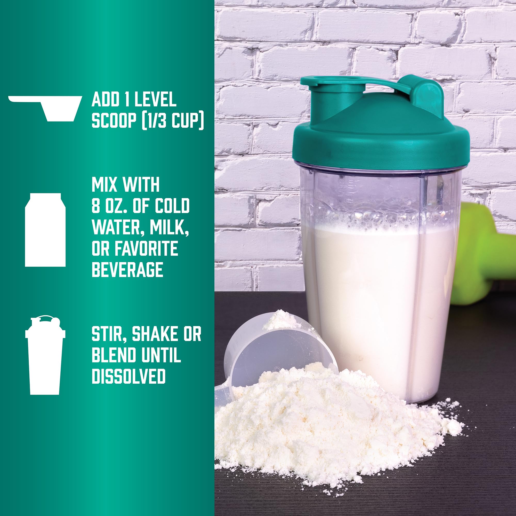 NOW Foods Whey Protein shaker with creamy vanilla mix ready.