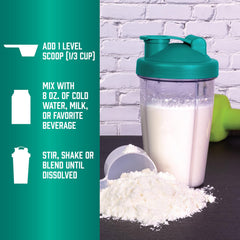 NOW Foods Whey Protein shaker with creamy vanilla mix ready.