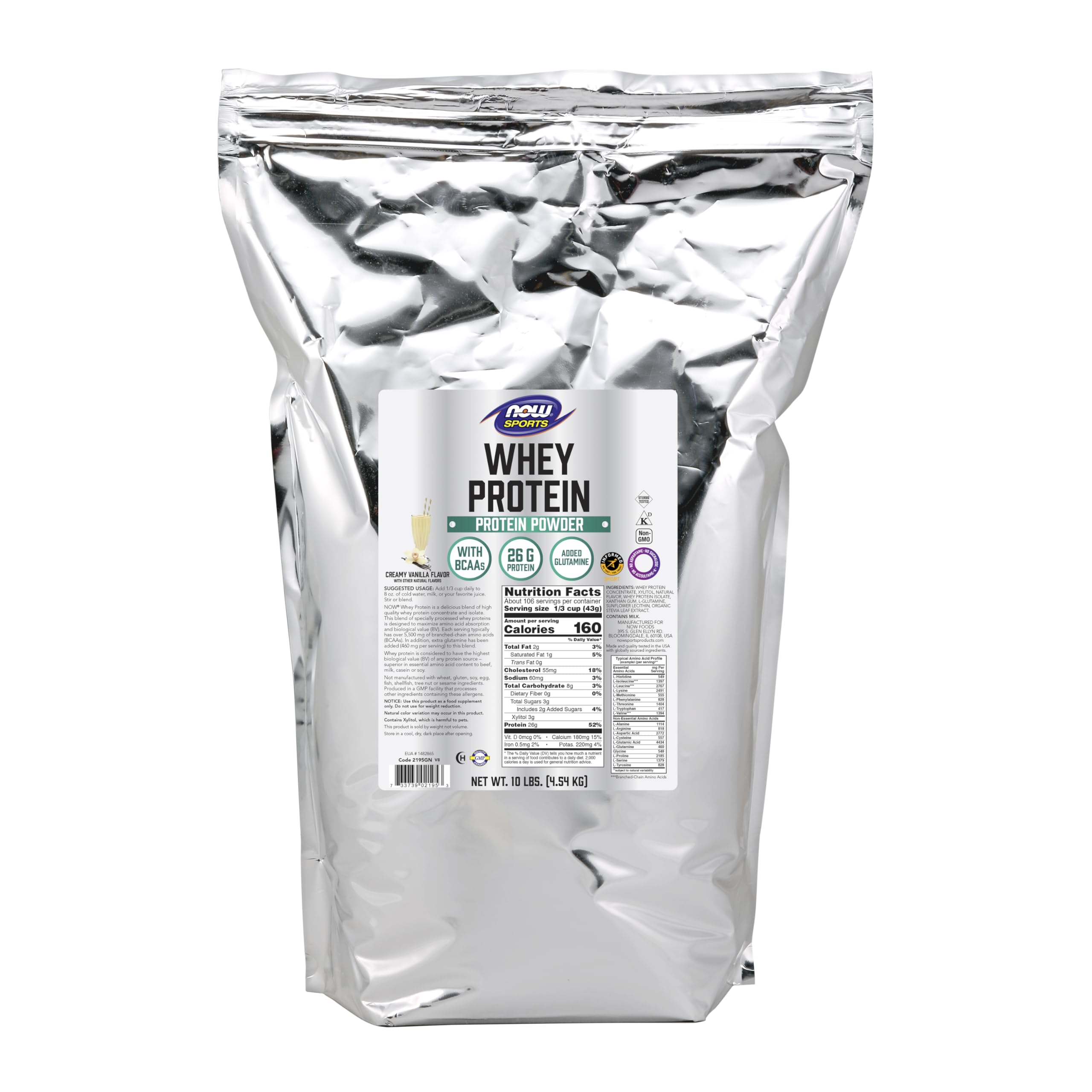 NOW Foods Whey Protein vanilla powder, smooth blend for daily protein goals.