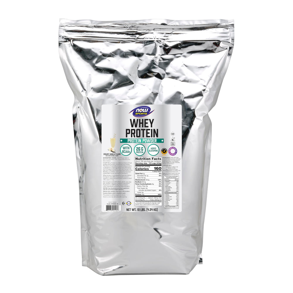 NOW Foods Whey Protein vanilla powder, smooth blend for daily protein goals.