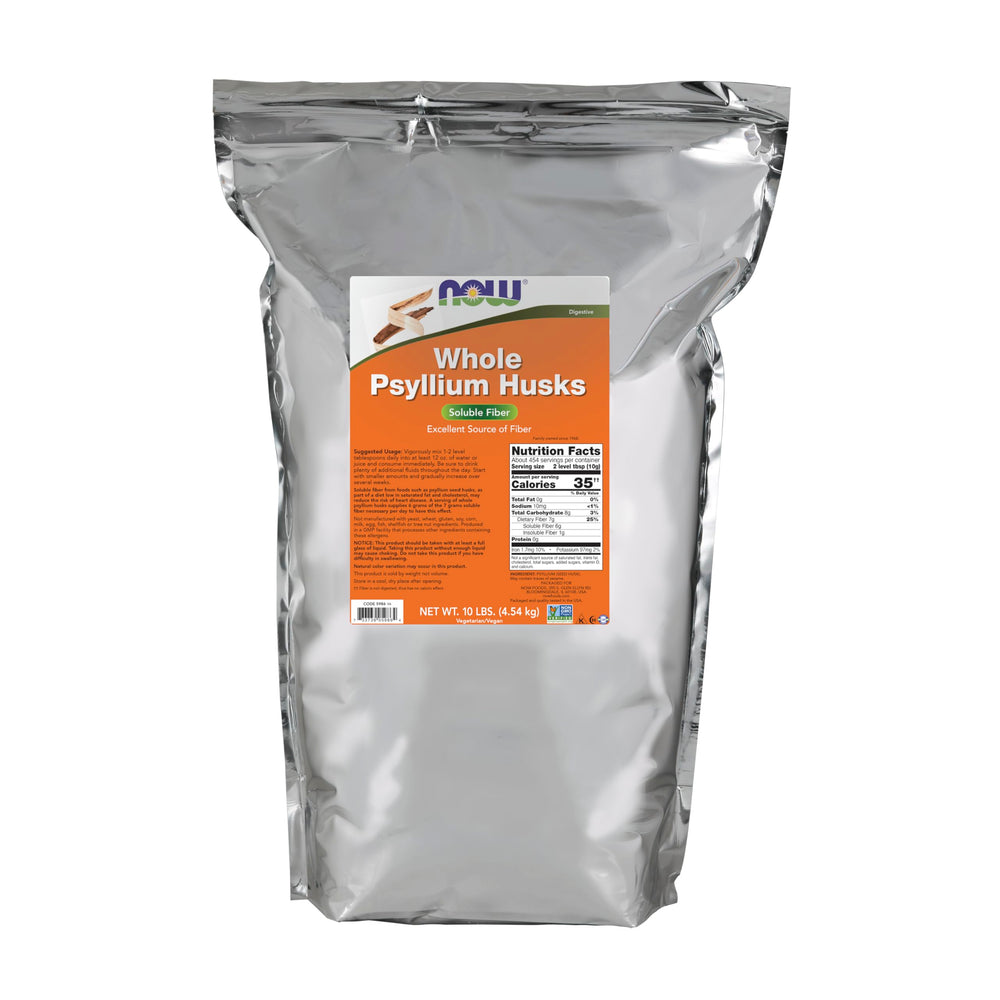 NOW Foods Whole Psyllium Husk tub front image highlighting high-fiber dietary support.