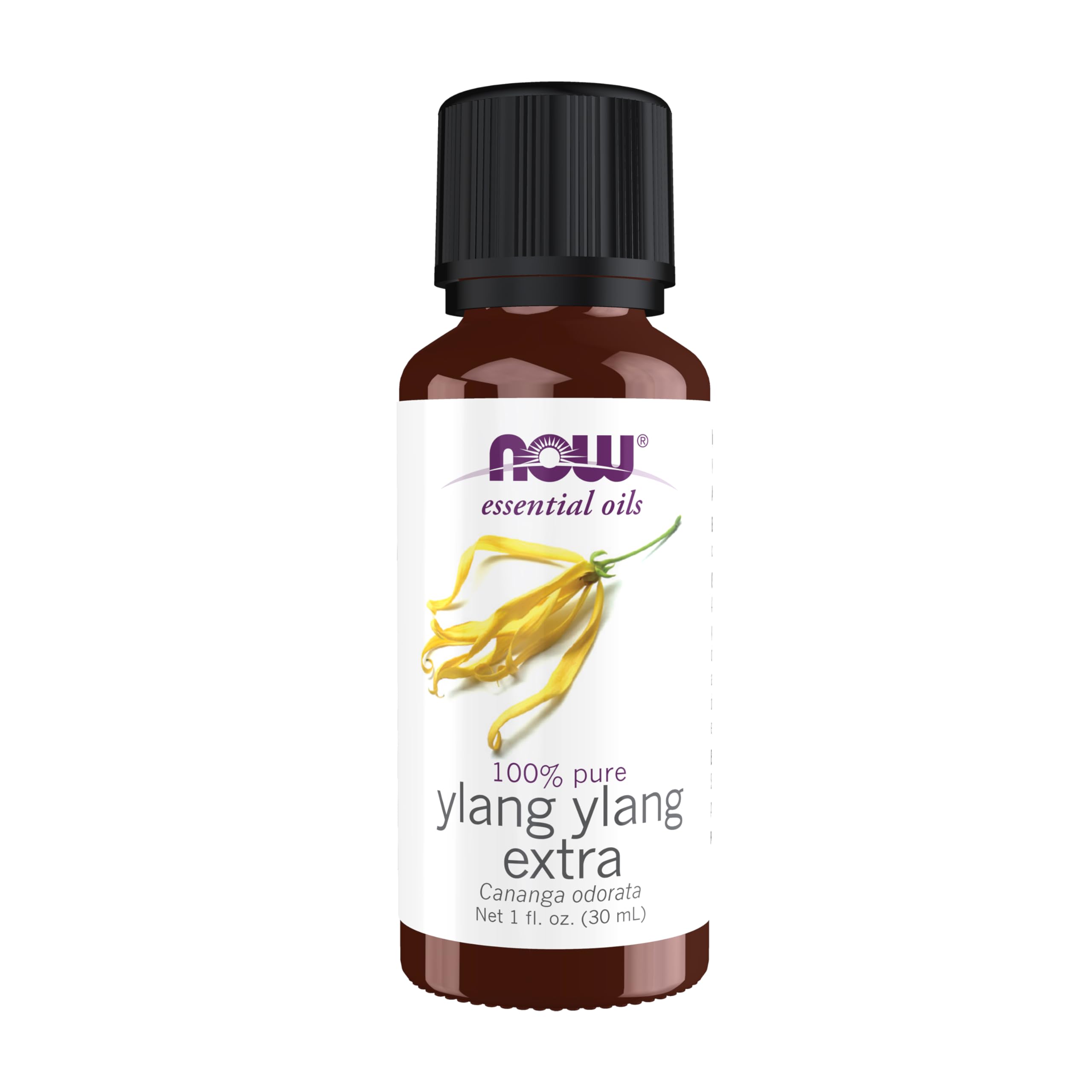 NOW Foods Ylang Ylang Extra oil bottle for calming aromatherapy.