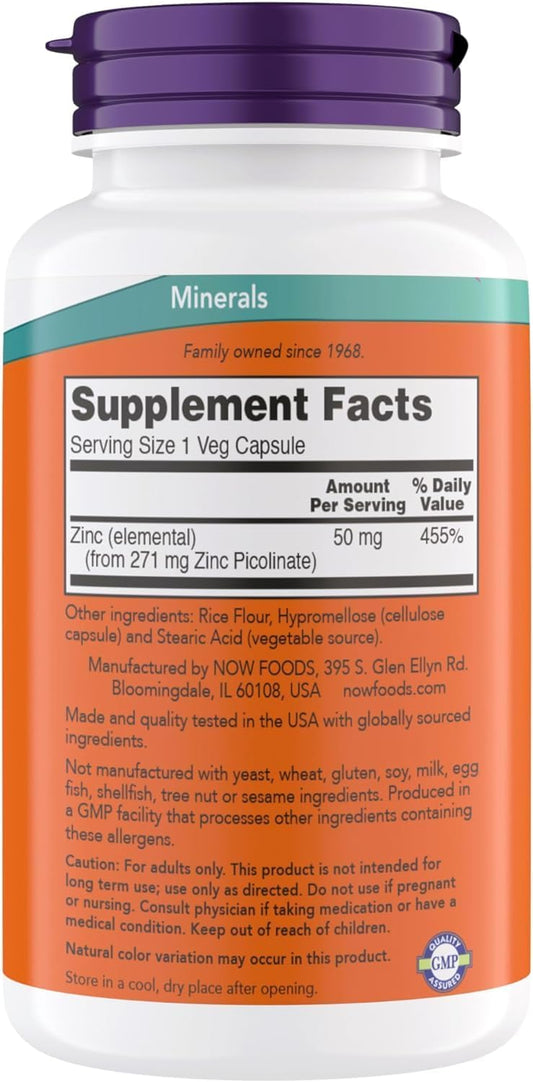 NOW Foods Zinc Picolinate 50 mg capsules close-up highlighting high potency