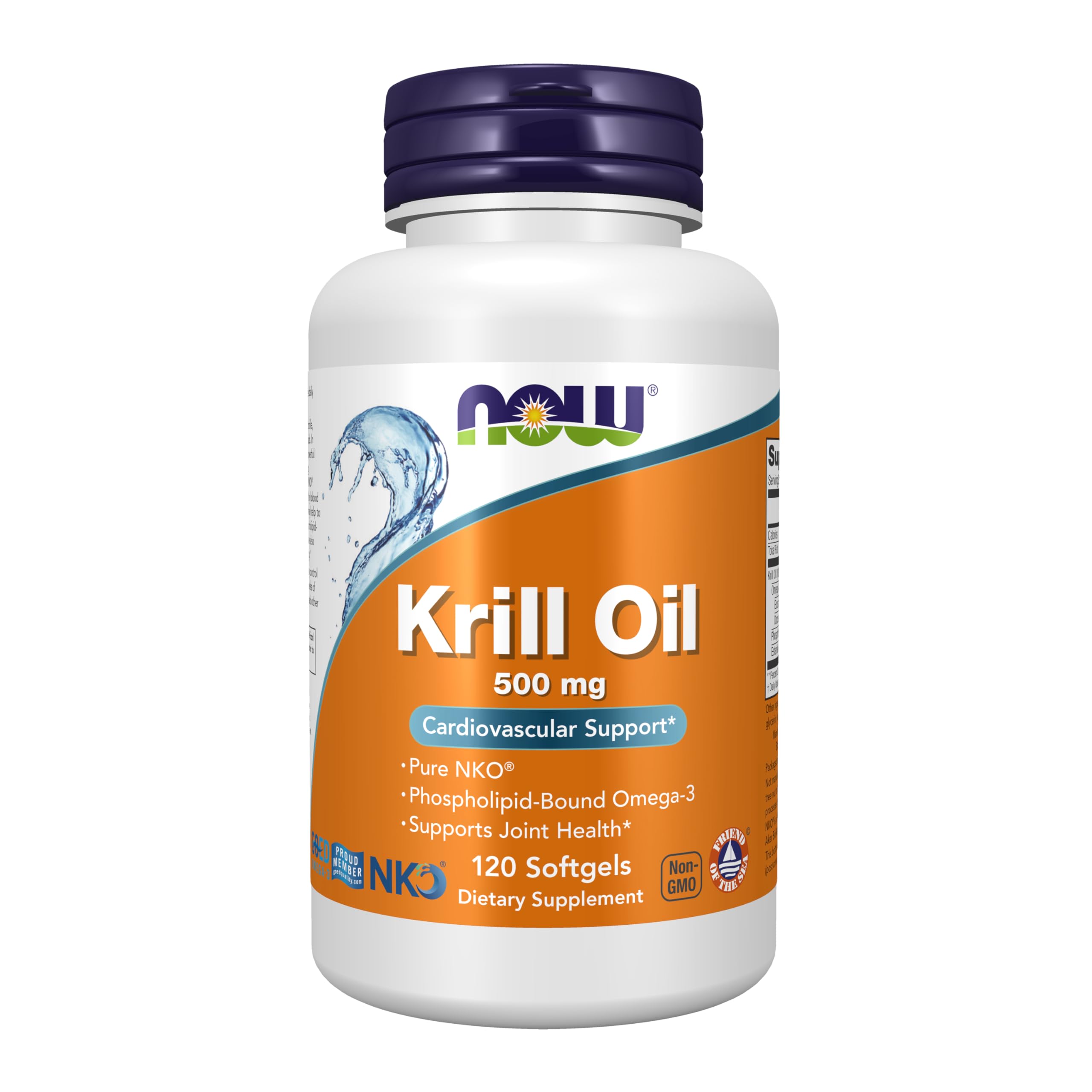NOW Foods Krill Oil 500 mg bottle front highlights omega-3 for heart support.