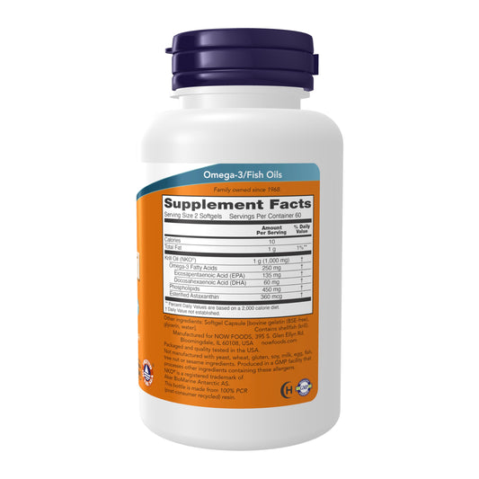 NOW Foods Krill Oil capsules in close view emphasize phospholipid-bound omega-3.