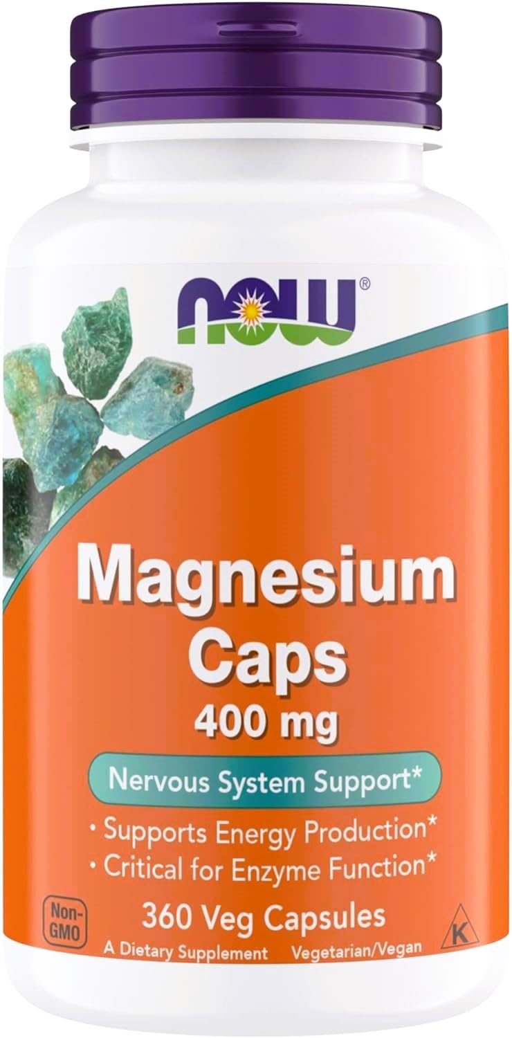 NOW Foods Magnesium 400 mg bottle for daily enzyme support.