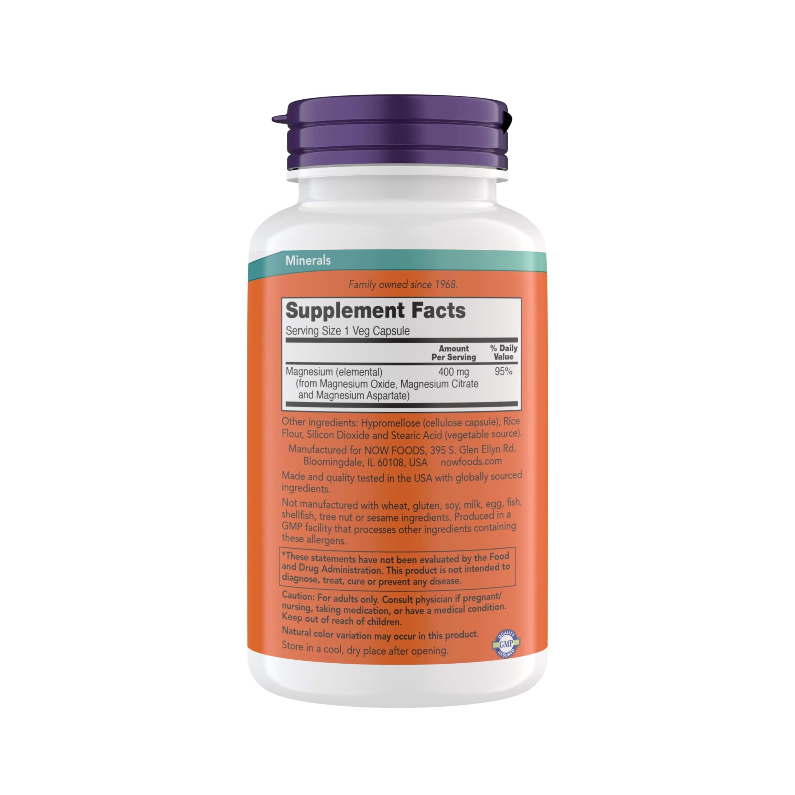 NOW magnesium 400 mg capsules close-up for easy daily intake.