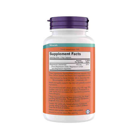 NOW magnesium 400 mg capsules close-up for easy daily intake.
