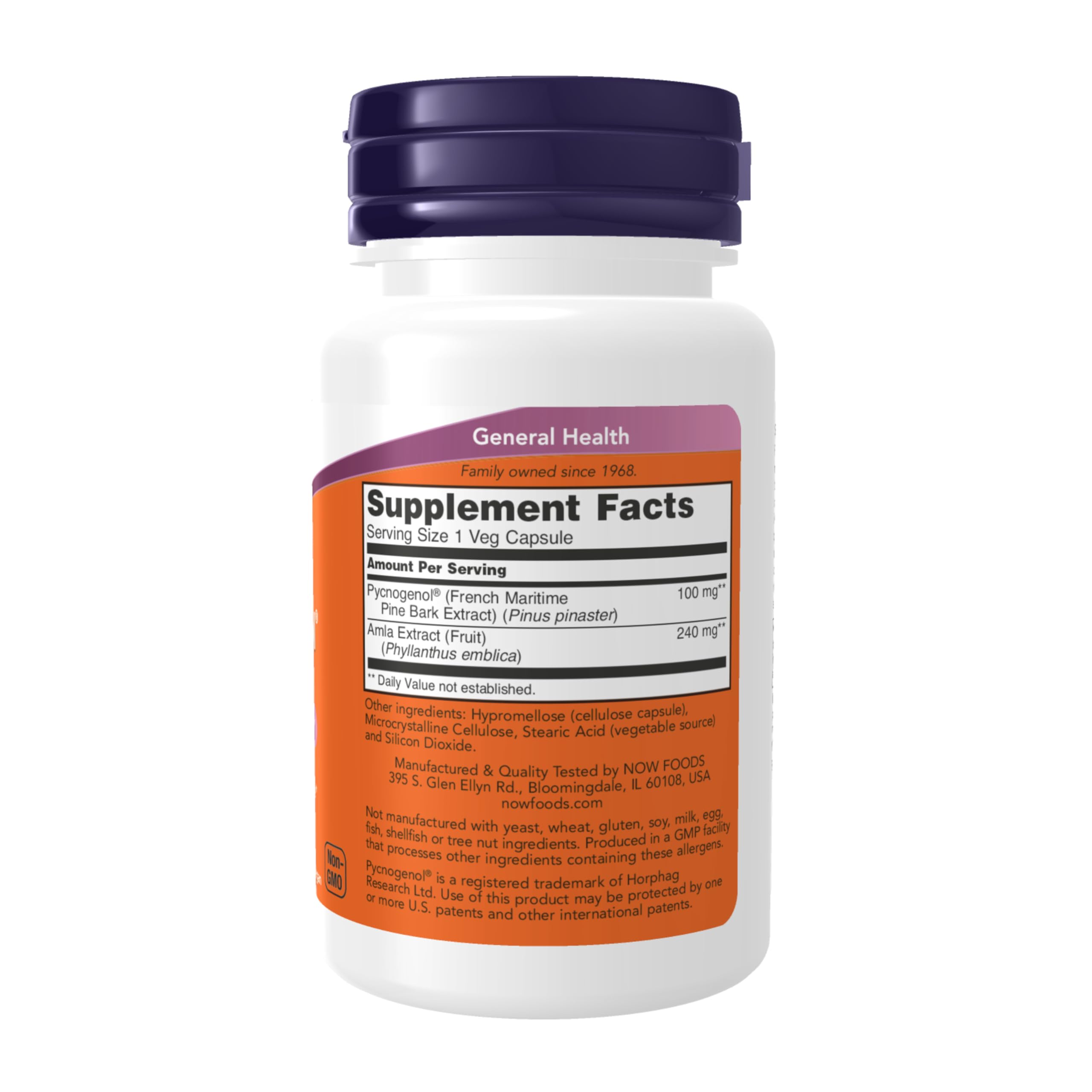 NOW Pycnogenol capsules closeup for easy daily dosing.