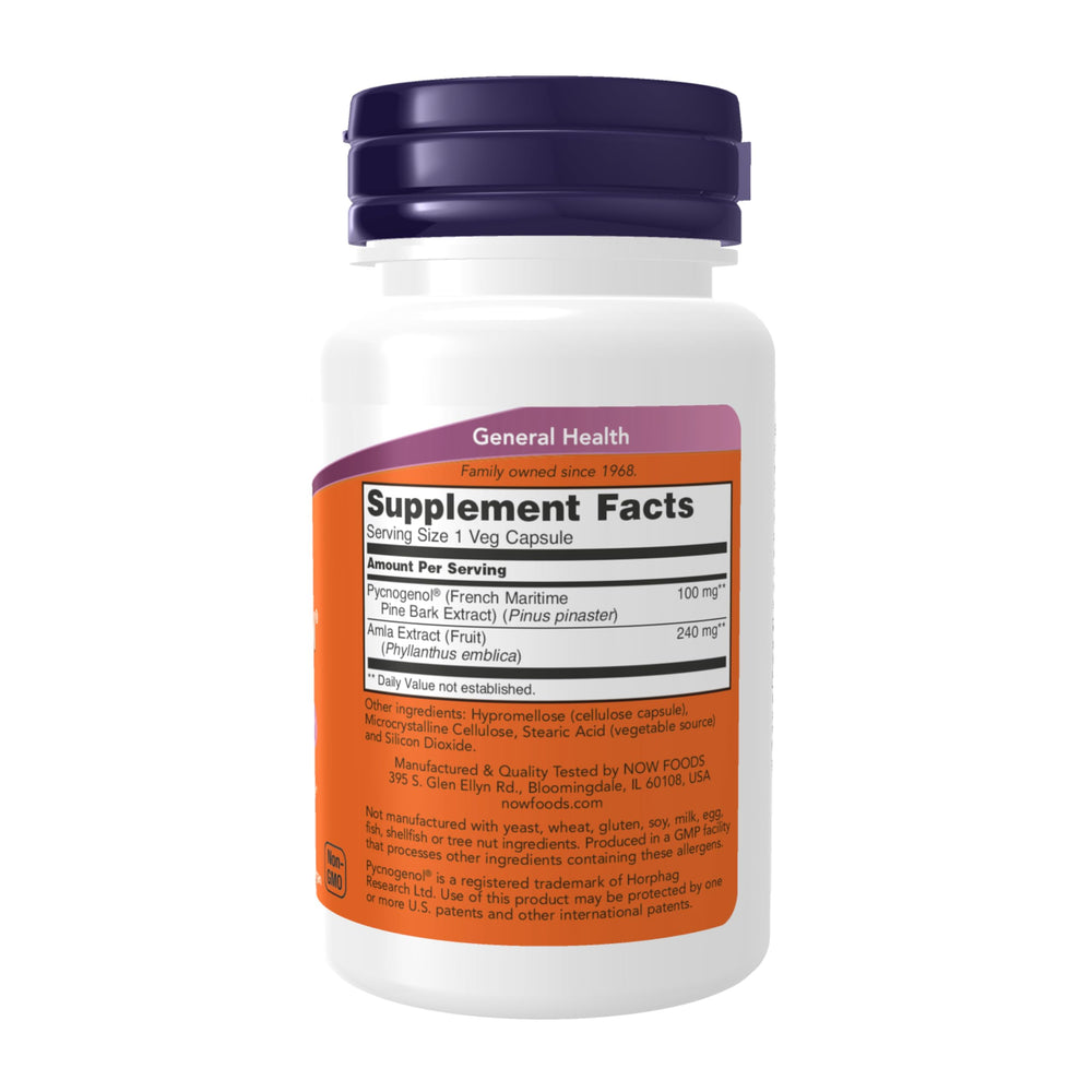 NOW Pycnogenol capsules closeup for easy daily dosing.