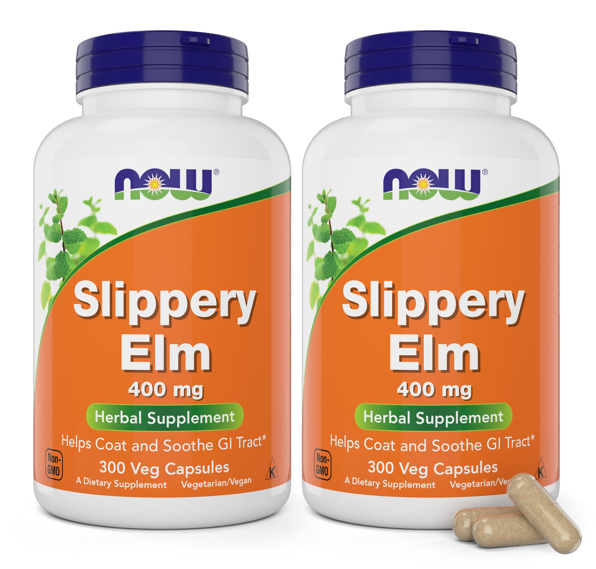 NOW Foods Slippery Elm 400 mg bottle pack front view—traditional herb for GI comfort.