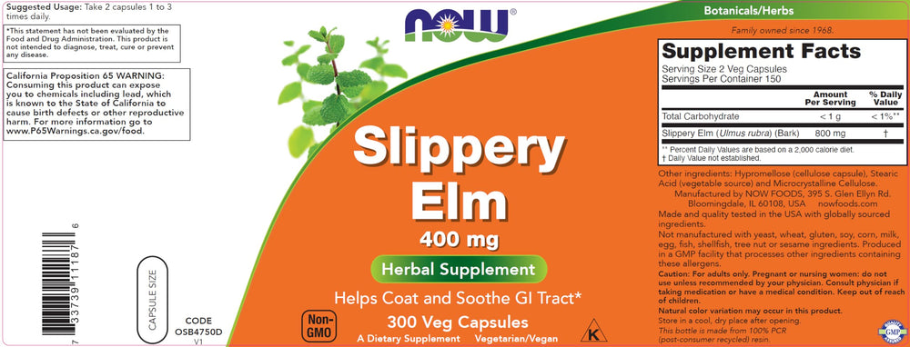 NOW Foods Slippery Elm bottle recycled resin back—eco-friendly packaging.