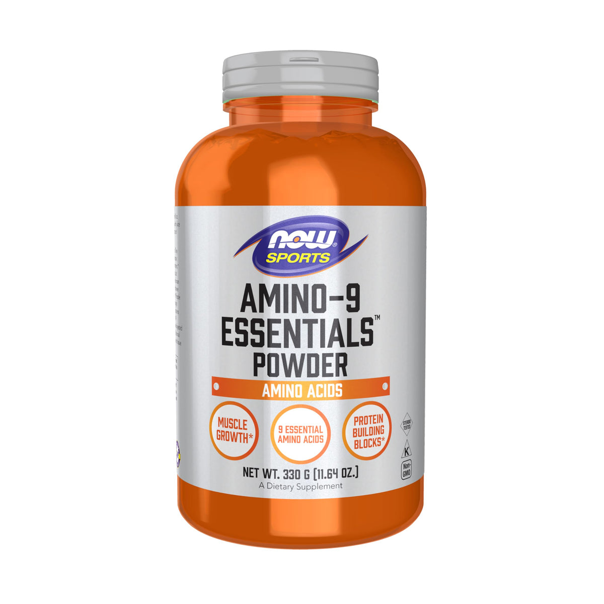 NOW Foods amino-9 essentials powder bottle, convenient source of essential amino acids for athletes