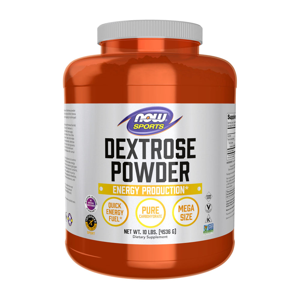 NOW Foods Dextrose powder bottle for quick energy support during workouts.
