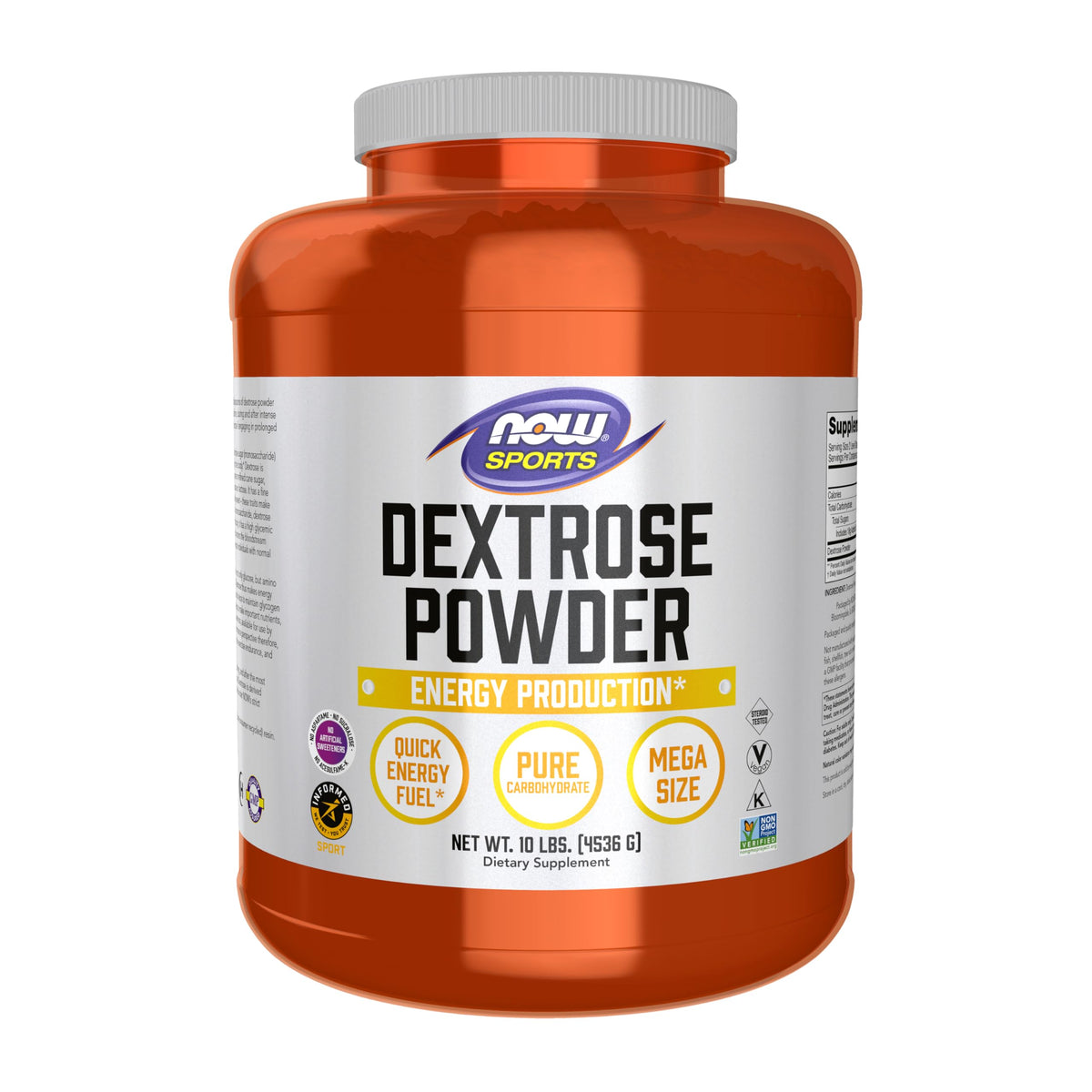 NOW Foods Dextrose powder bottle for quick energy support during workouts.