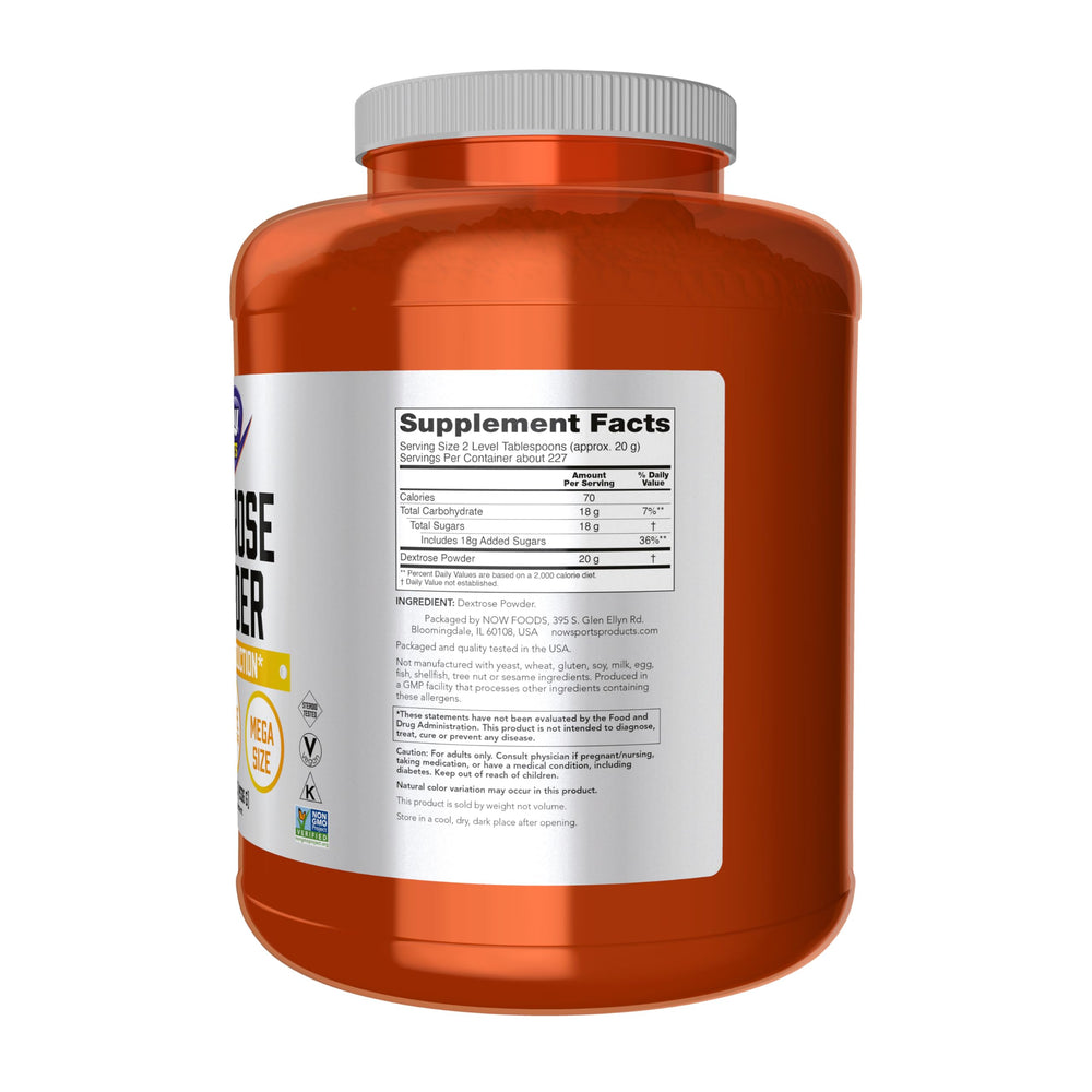 NOW Foods Dextrose powder measuring scoop for precise pre-workout fueling.