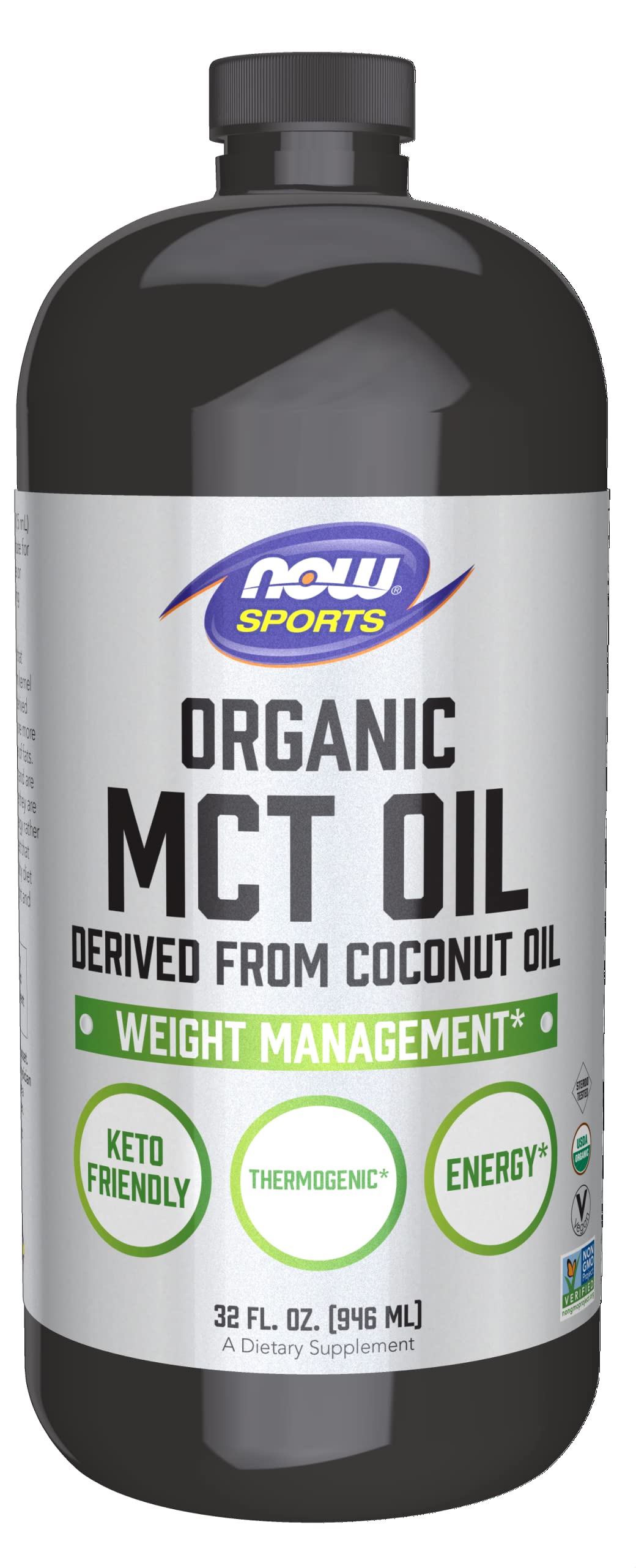 NOW Foods NOW Sports Organic MCT Oil bottle—quickly absorbed fats for energy.