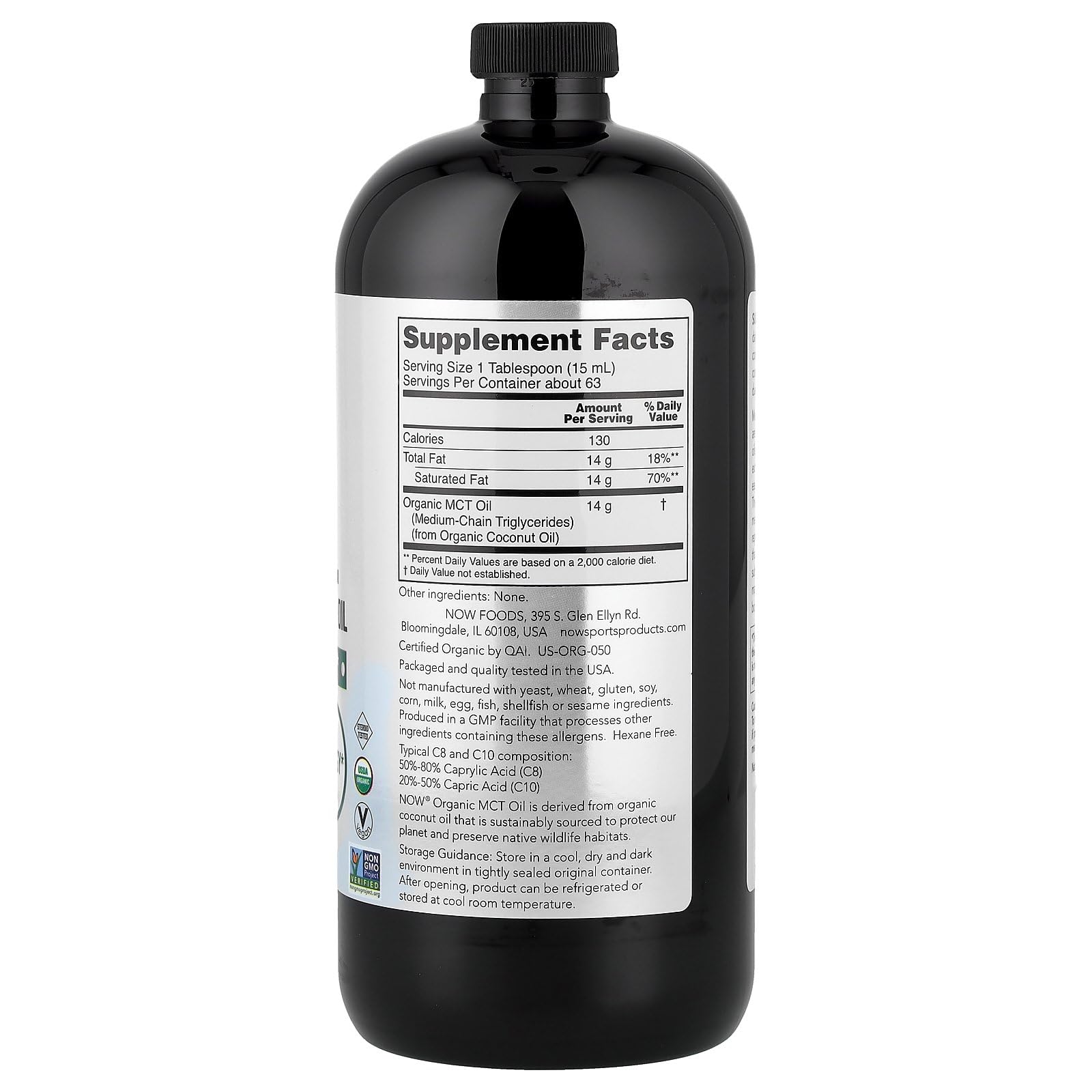 NOW Sports Organic MCT Oil label—organic coconut origin and GMP quality.