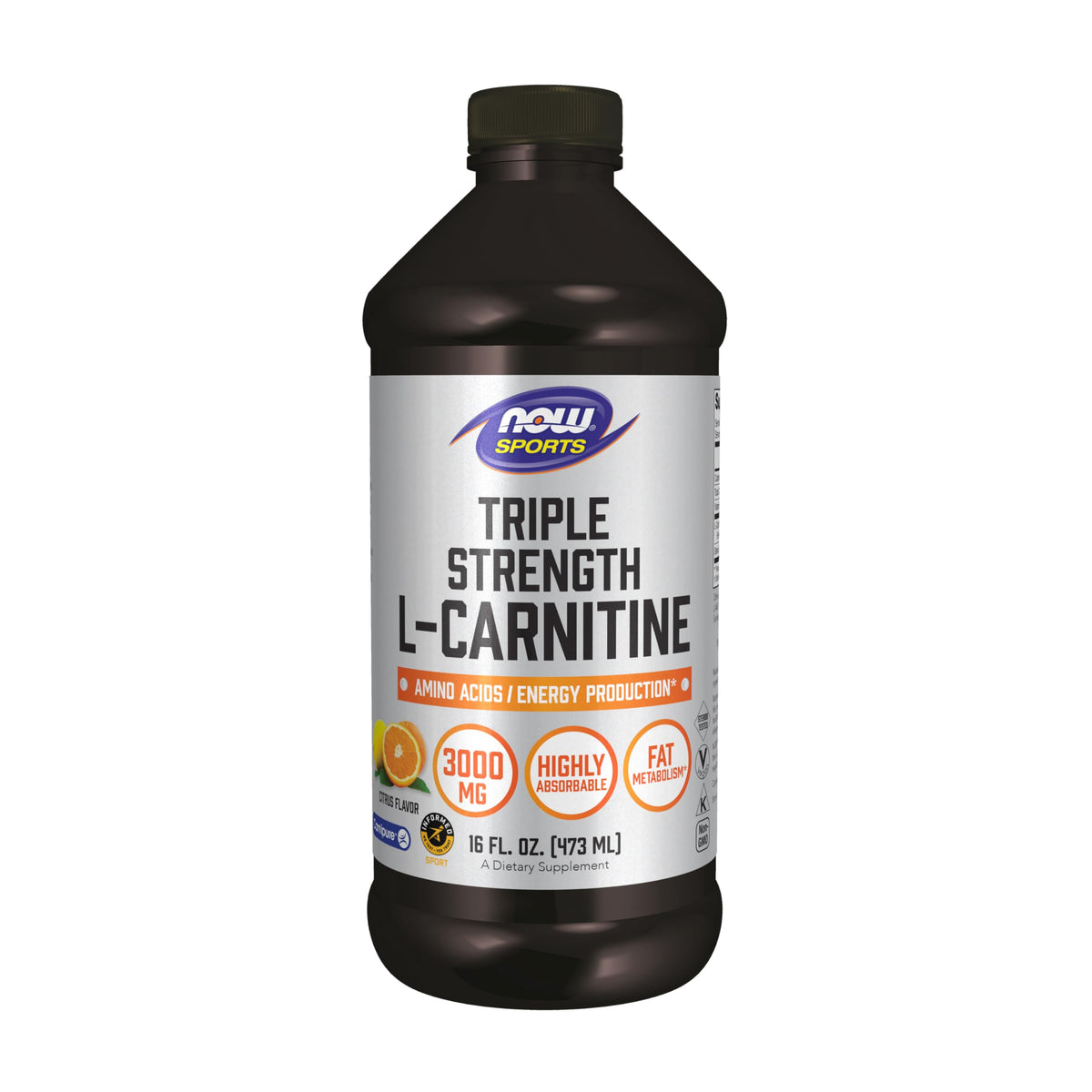 NOW Sports L-Carnitine Liquid bottle with citrus flavor for energy support.