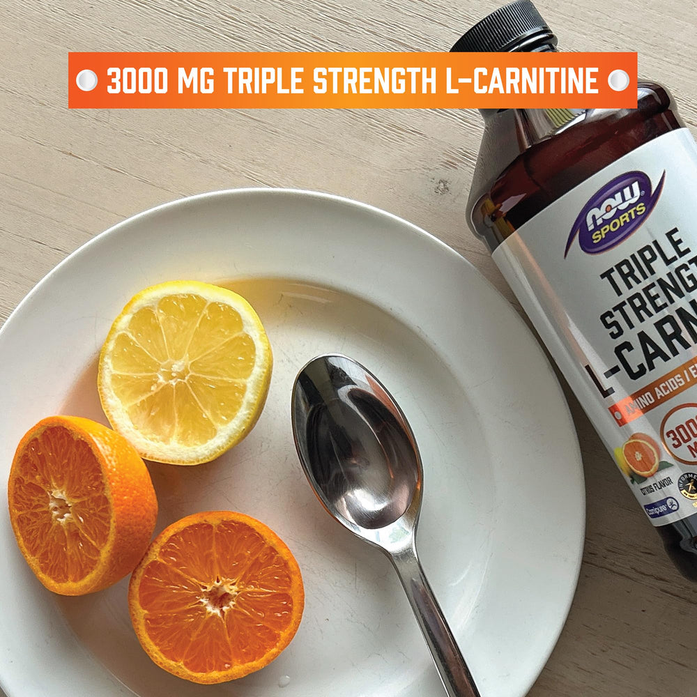 NOW Sports L-Carnitine Liquid mixing-glass ready for workout drink.