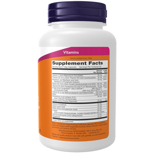 NOW Co-Enzyme B-Complex capsules showcase vegan, dairy-free formulation for clean daily nutrition.
