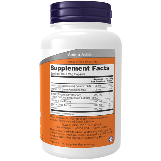 NOW Foods 5-HTP capsules closeup for convenient daily use