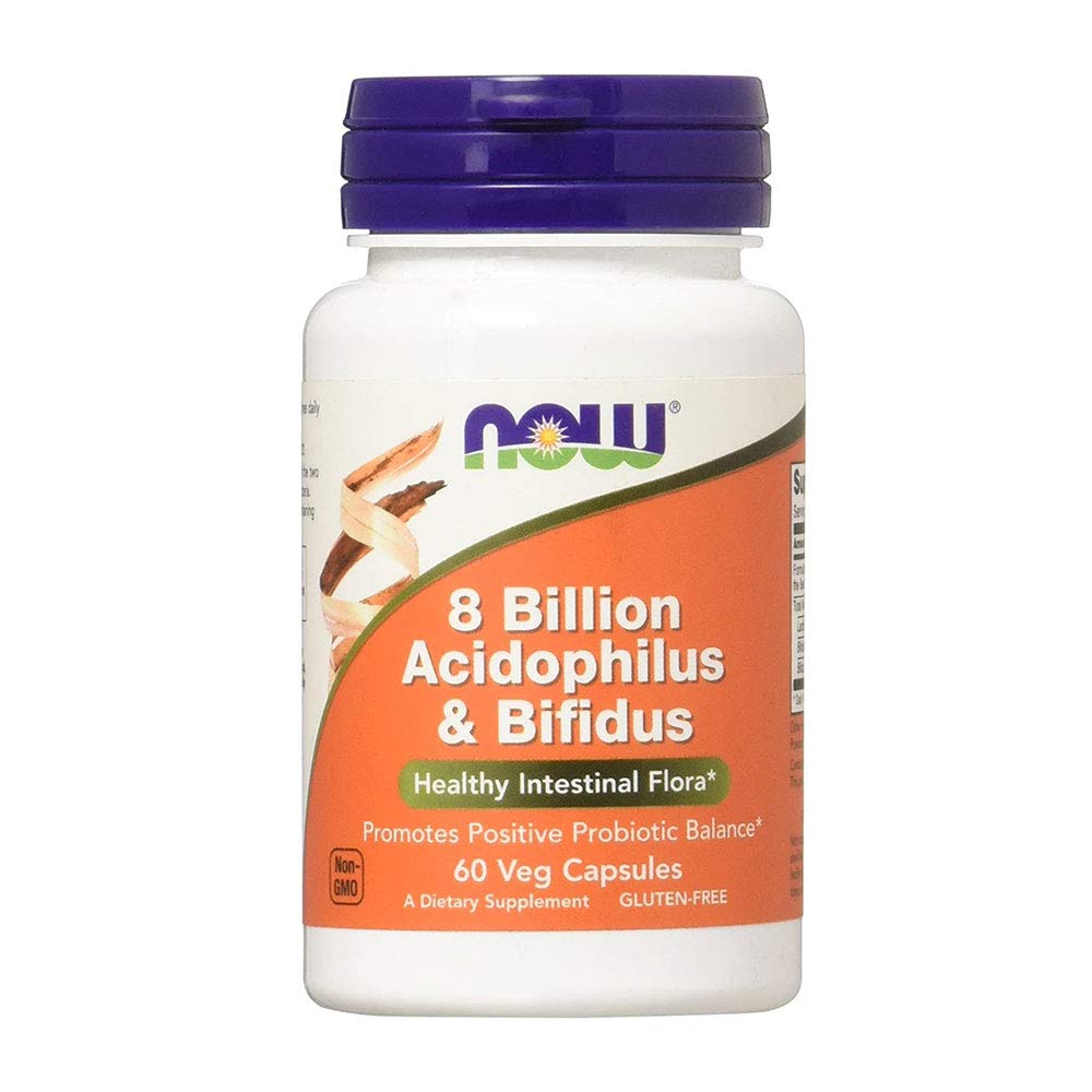 Now Foods Acidophilus and Bifidus 8 Billion bottle supports daily gut balance.