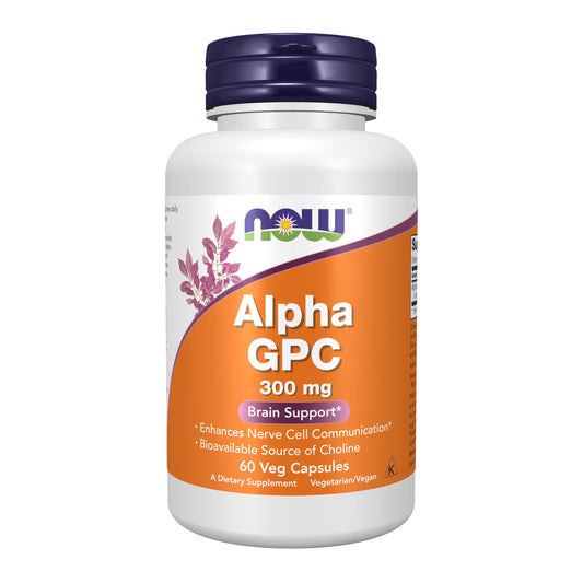 NOW Foods Alpha GPC 300mg bottle front view highlighting cognitive support