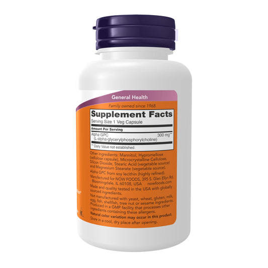 NOW Foods Alpha GPC 300mg capsules close-up showing vegan capsules for cognition