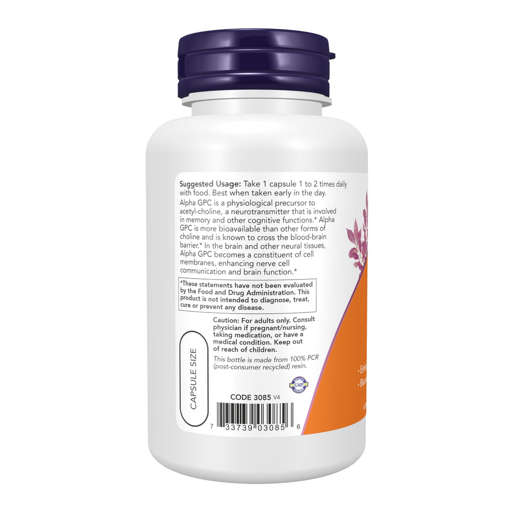 NOW Foods Alpha GPC 300mg packaging label confirms vegan formula and GMP quality