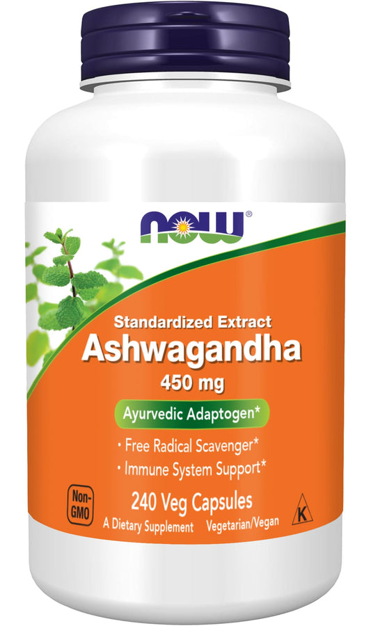 NOW Foods Ashwagandha Extract bottle front showing 450 mg per capsule for daily adaptogen support.