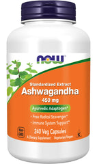 NOW Foods Ashwagandha Extract bottle front showing 450 mg per capsule for daily adaptogen support.