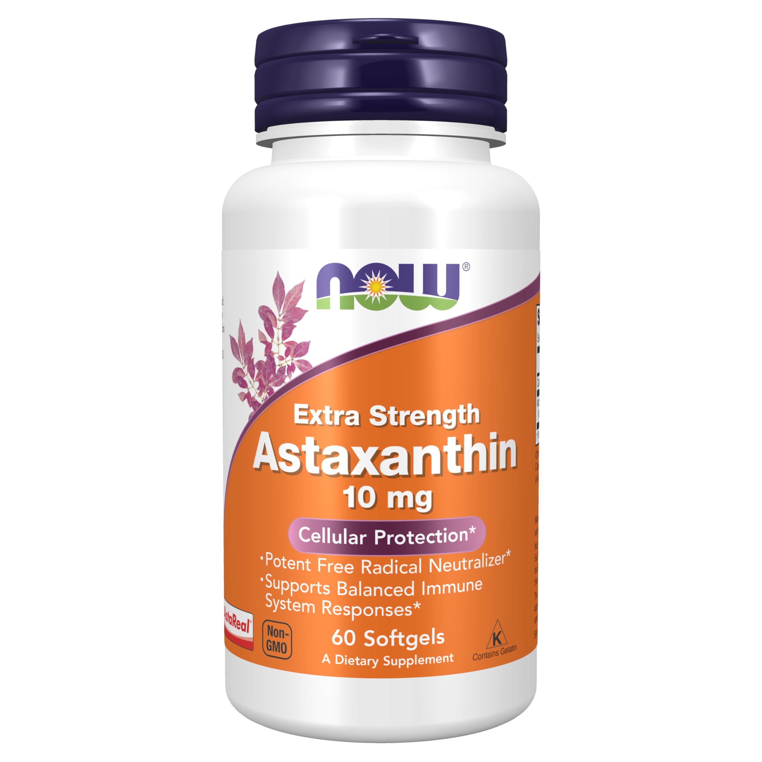 NOW Foods Astaxanthin 10mg bottle for potent antioxidant support.