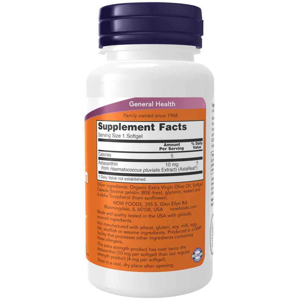 NOW Foods Astaxanthin label detail showing non-GMO origin and natural carotenoids.