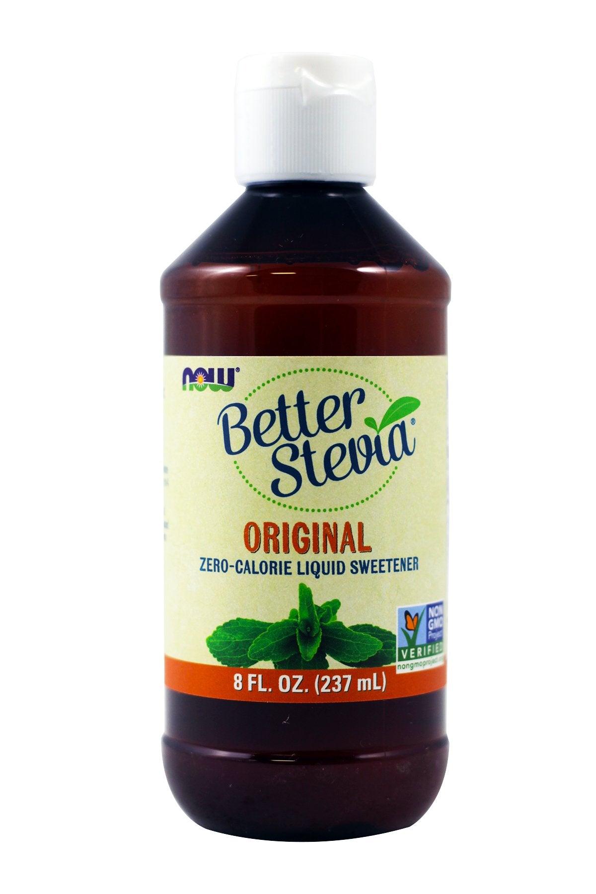 Now Foods BetterStevia Original liquid extract bottle with dropper for precise, convenient sweetness.