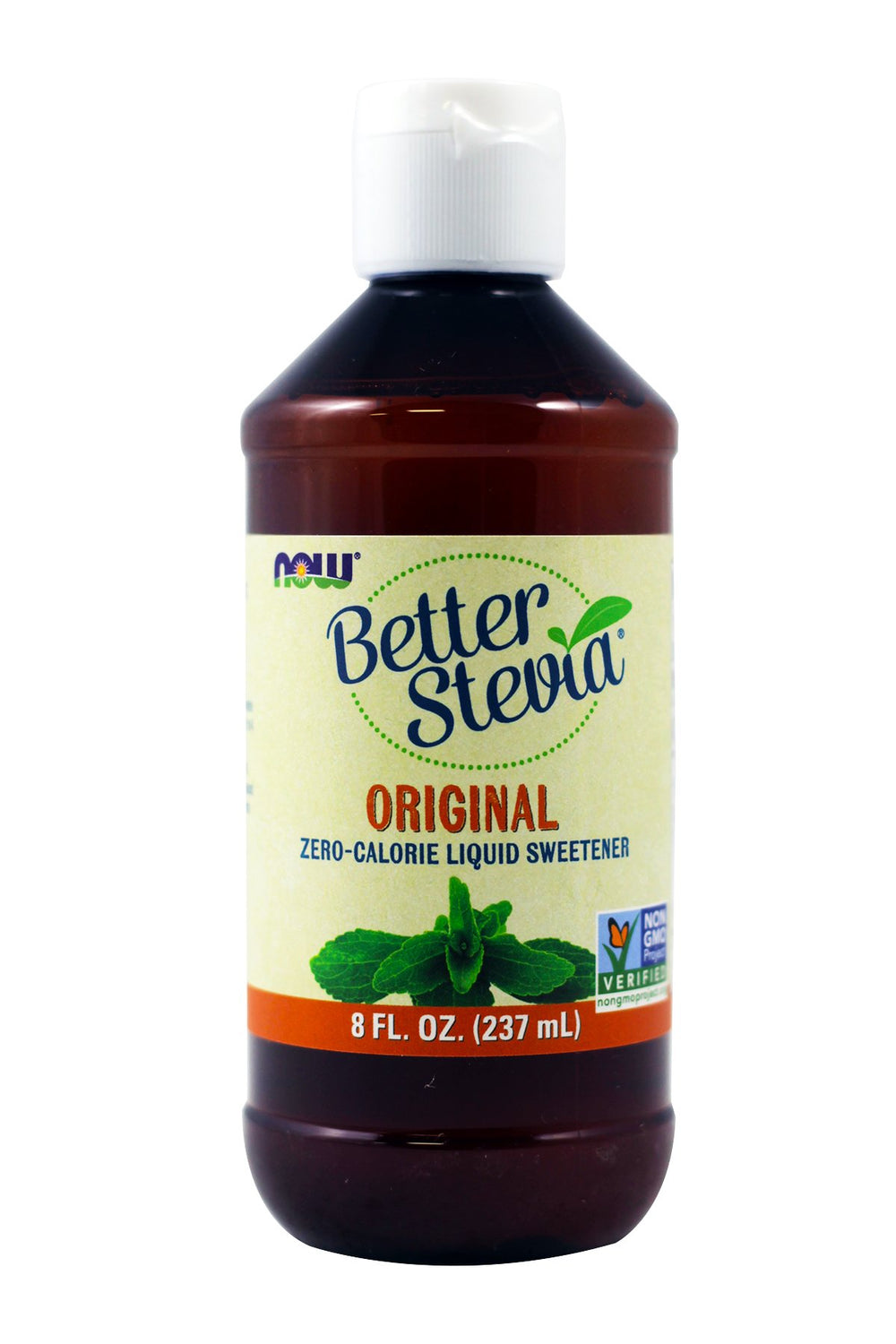 Now Foods BetterStevia Original liquid extract bottle with dropper for precise, convenient sweetness.
