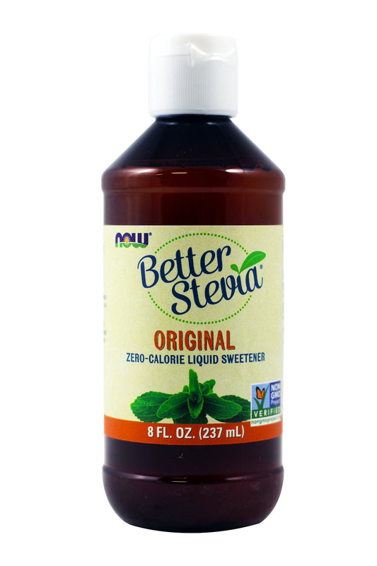 Now Foods BetterStevia Original liquid extract bottle with dropper for precise, convenient sweetness.