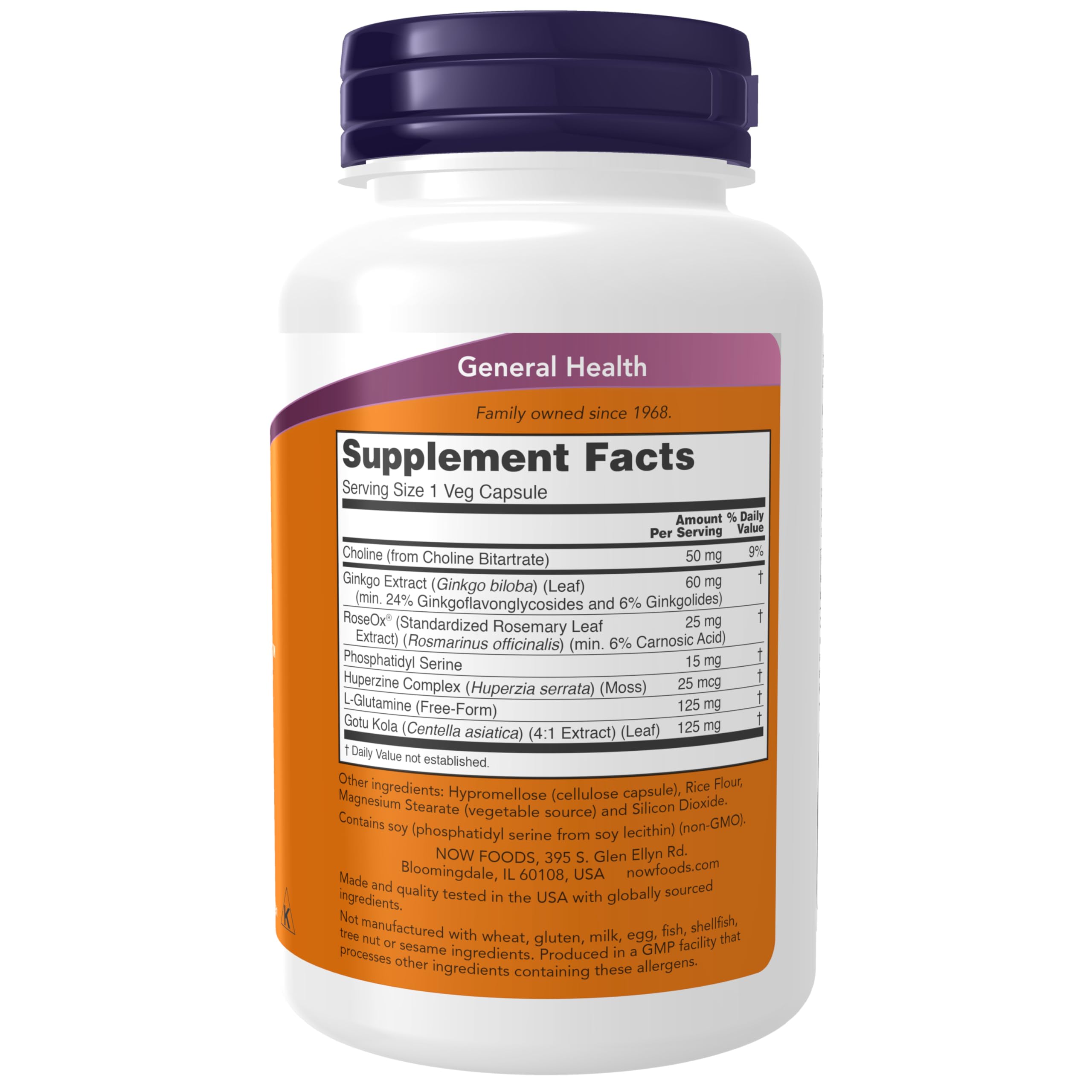 NOW Foods Brain Elevate label closeup highlights key ingredients.