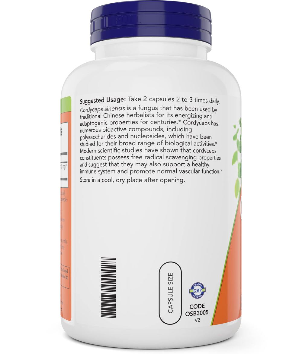 NOW Foods Cordyceps capsules close-up, vegan and non-GMO status