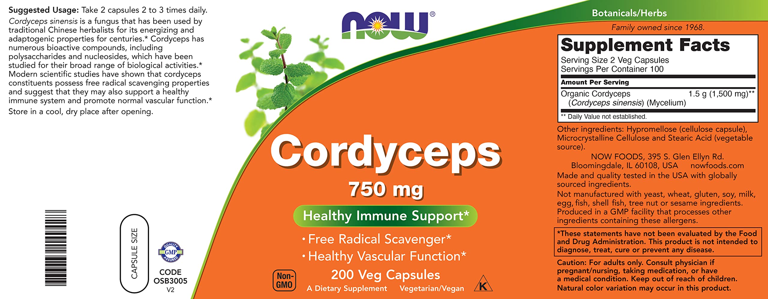 NOW Foods Cordyceps label close-up notes energizing and antioxidants