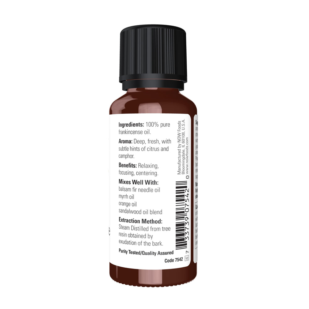 NOW Foods Frankincense Oil bottle closeup highlights purity and steam distillation