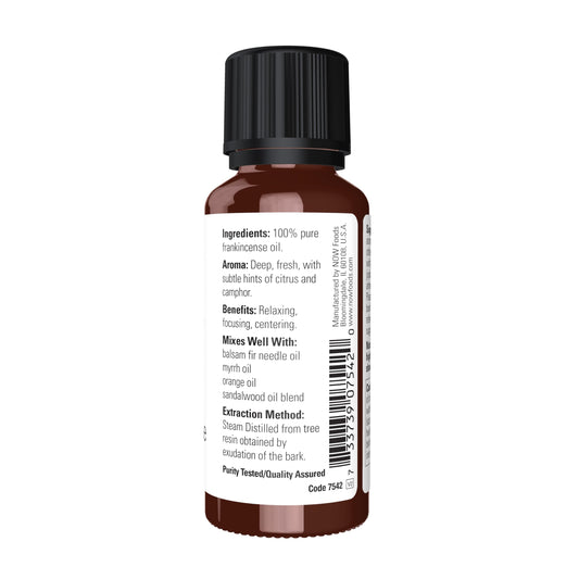 NOW Foods Frankincense Oil bottle closeup highlights purity and steam distillation