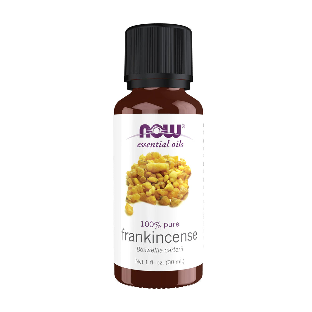 NOW Foods Frankincense Oil bottle pour shows centering aromatherapy in action