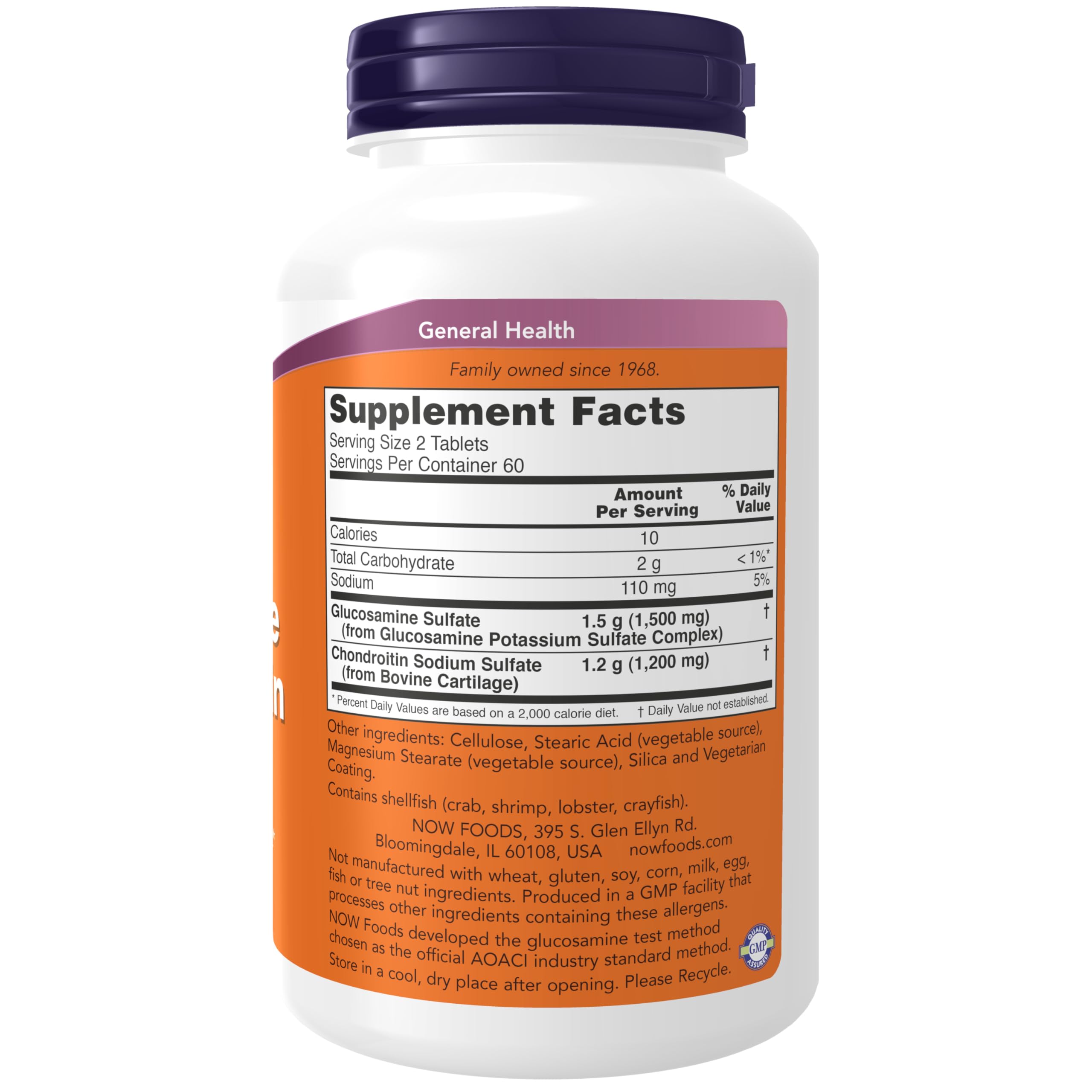 NOW Foods glucosamine chondroitin extra-strength bottle with supplement facts visible.