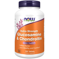 NOW Foods glucosamine chondroitin extra-strength tablets label for joint support.