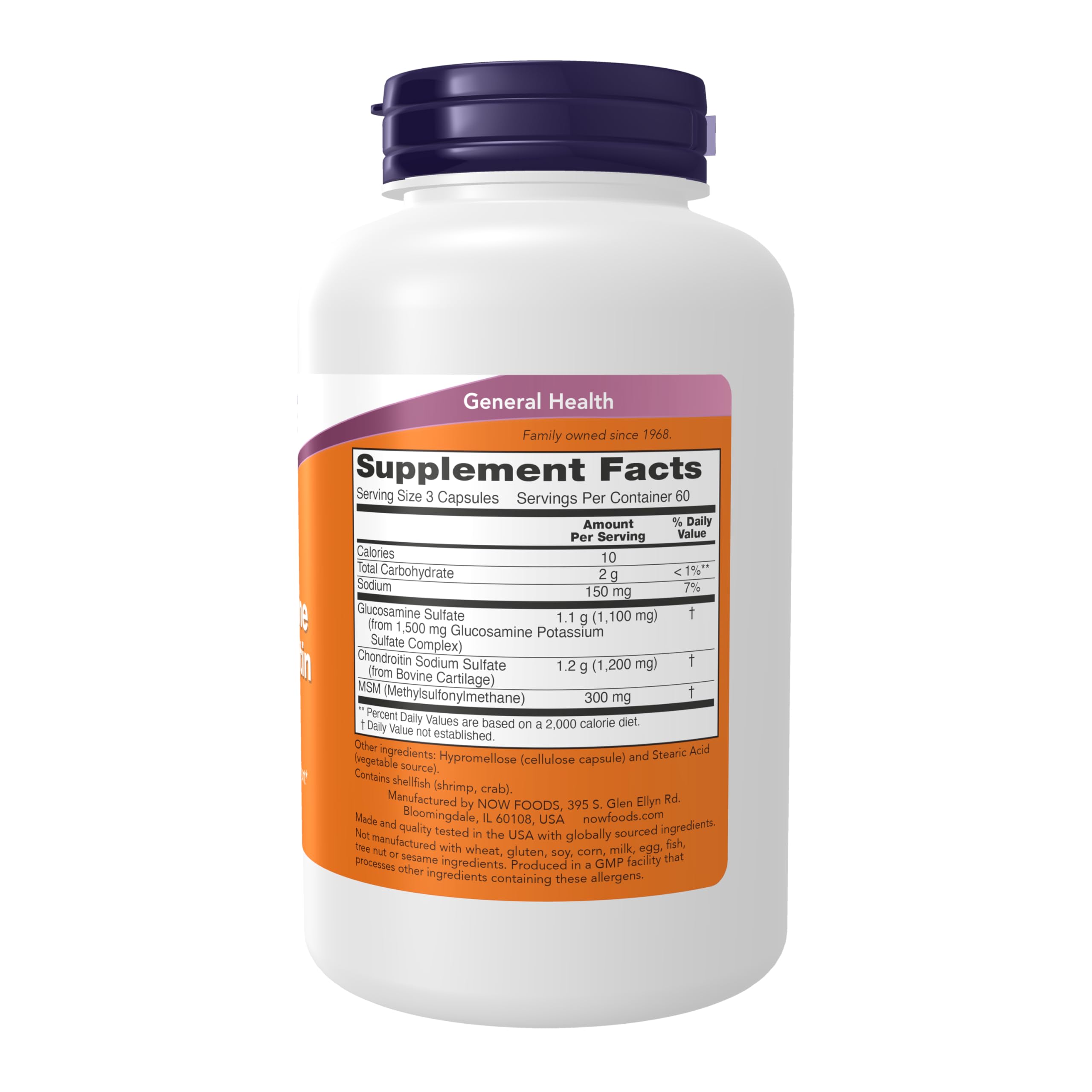 NOW Foods bottle label close-up highlights MSM for healthy joint structures