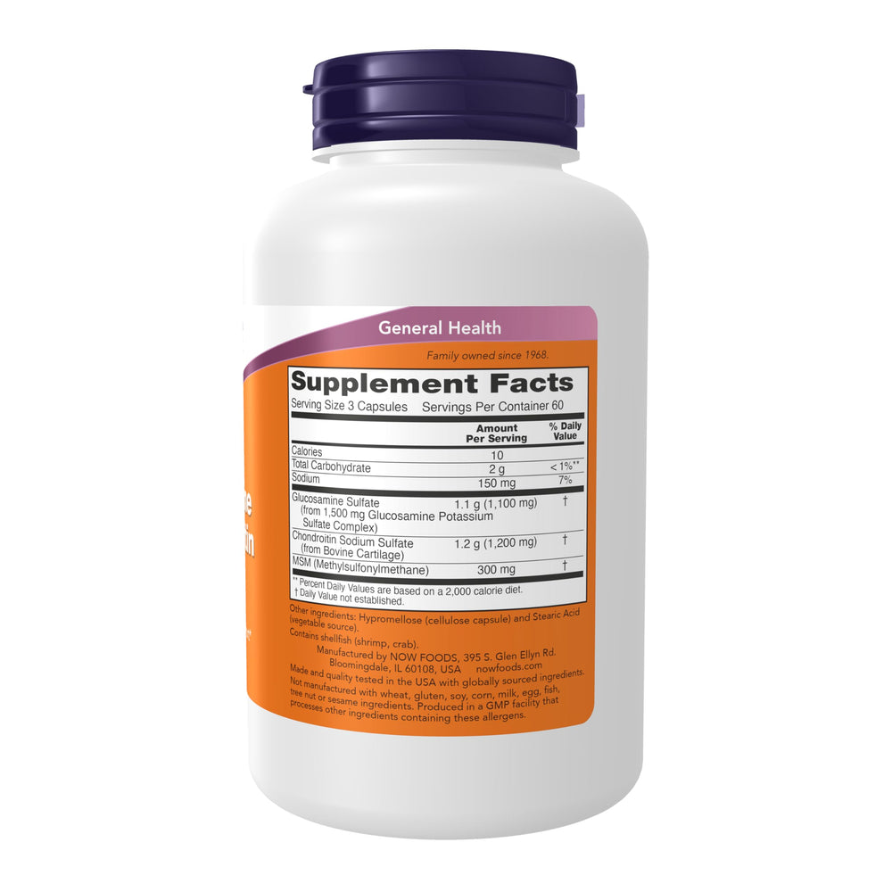 NOW Foods bottle label close-up highlights MSM for healthy joint structures